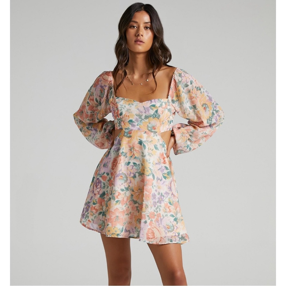 SHOWPO EBONEE MINI DRESS - PUFF SLEEVE CUT OUT DRESS IN FLOWER CROWN